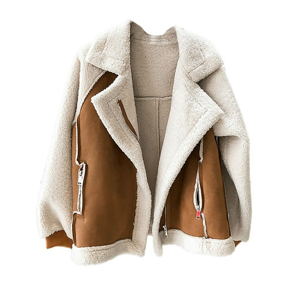 Brnmxoke Women's Faux Fur Shearing Moto Jacket Thick Fleece Lined Parka Long Sleeved Lamb Motorcycle Jacket Warm Winter Fluffy Coat Lapel Bomber Jacket