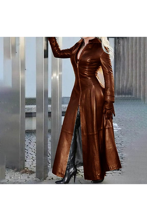 Women's Faux Leather Long Jacket Sexy Full Length Maxi Winter Coats 2023 Women Fashion Stand Collar Zip Up Split Cardigan Moto Biker Jackets
