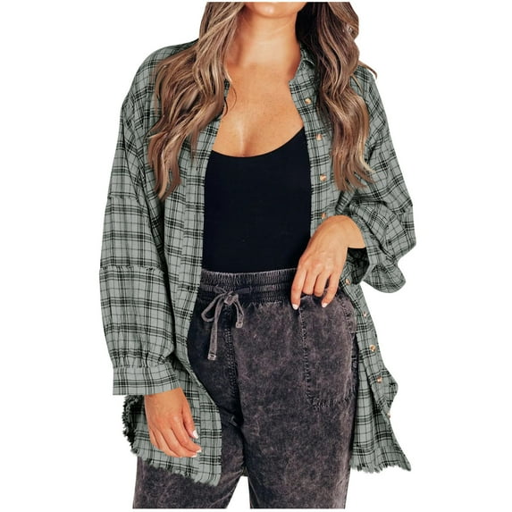 Brnmxoke Women's Flannel Plaid Shirt Plaid Flannel Shirts Women Oversized Long Sleeve Button Down Buffalo Plaid Shirt Blouse Tops Gray,S