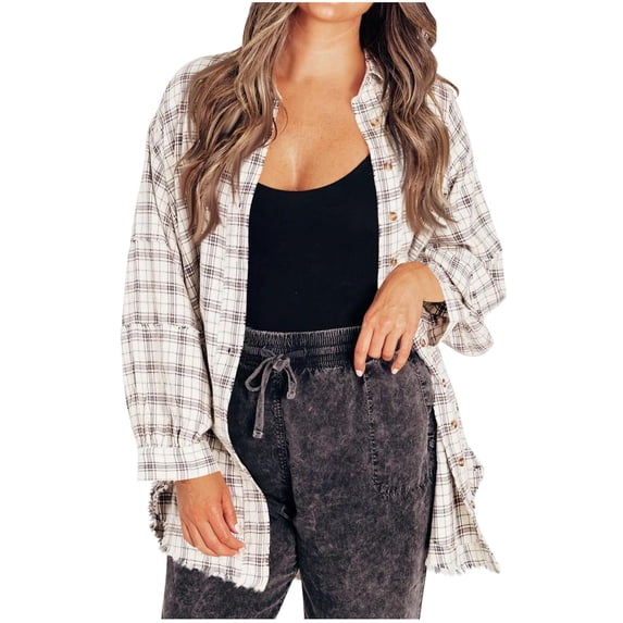 Brnmxoke Women's Flannel Shirts Plaid Flannel Shirts for Women Oversized Long Sleeve Button Down Buffalo Plaid Shirt Blouse Tops White,XXXL