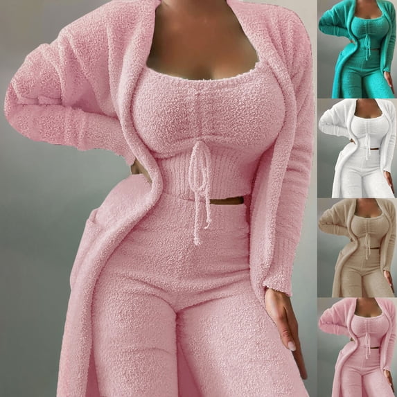 Brnmxoke Women's Fleece 3Pcs Teddy Loungewear Open Front Fleece Sherpa Cardigan Outwear Crop Tank Tops Long Pants Fuzzy Nightwear Cozy Sweatsuit Set Pink,XL