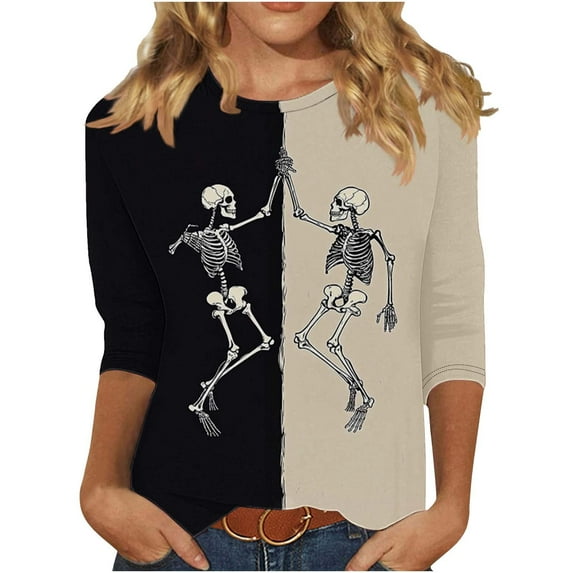 Brnmxoke Women's Halloween Top Fall 3/4 Sleeve Round Neck Shirt Vintage Skeleton Skull Graphic Tee Funny Holiday Tops Multicolor,S