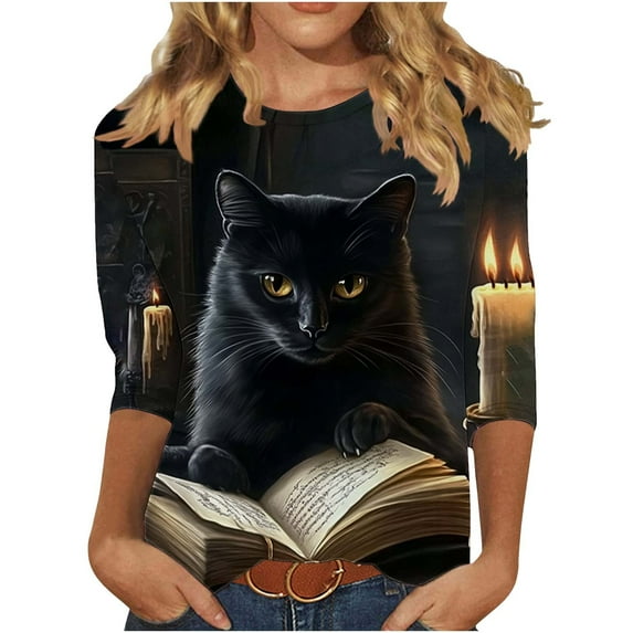 Brnmxoke Women's Halloween Tops Fall 3/4 Sleeve Round Neck Shirt Vintage Black Cat Graphic Tee Funny Holiday Tops Multicolor,S