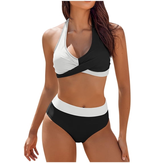 Brnmxoke Women's Halter Tie High Waisted Bikini Set Color Block 2 Piece Bikini Swimsuit Bathing Suit Criss Cross Wrap Front Vintage Swimwear Bikini Sets