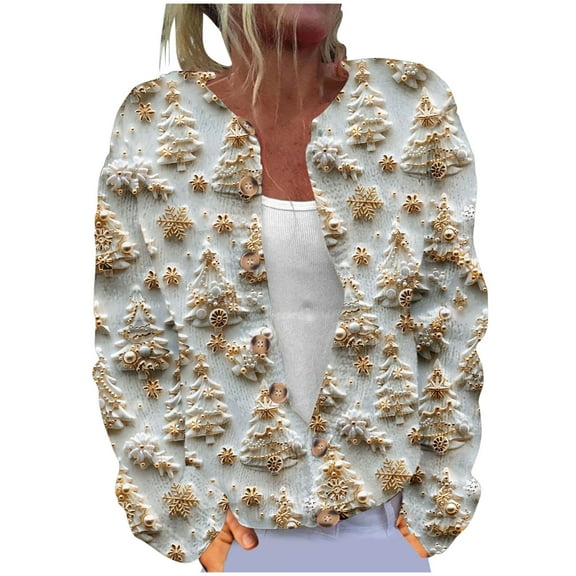 Brnmxoke Women's Lightweight Open Front Cardigan Sweater, Plus Size Casual Long Sleeve Fall Winter Christmas Printed Button Fair Isle Cardigan Sweaters Multicolor,XL