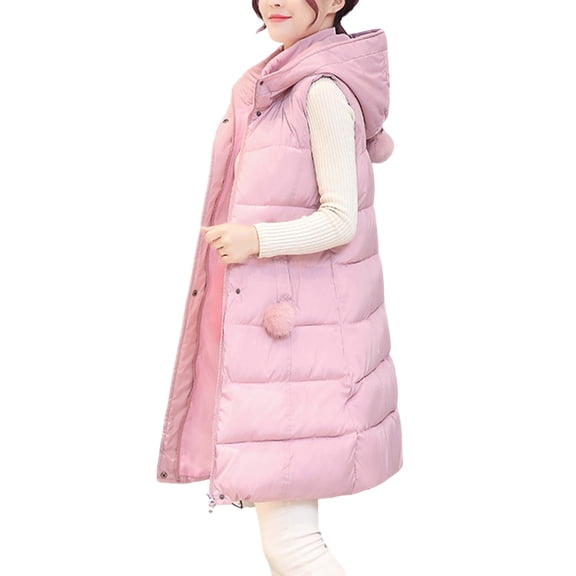 Brnmxoke Women's Long Puffer Vest Quilted Sleeveless Zip Up Hooded Vests Solid Casual Padded Winter Outerwear Jackets Pink,XXXXL