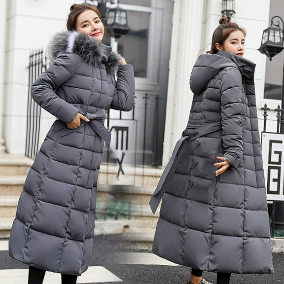 Brnmxoke Women's Long Winter Thicken Puffer Coat Warm Waterproof Maxi Down Jacket Plush Slim Fit Thicken Parka with Faux Fur Hood