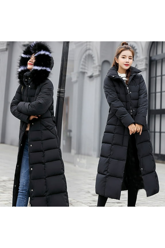 Women's Long Winter Thicken Puffer Coat Warm Waterproof Maxi Down Jacket Plush Slim Fit Thicken Parka with Faux Fur Hood