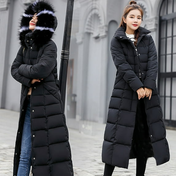 Brnmxoke Women's Long Winter Thicken Puffer Coat Warm Waterproof Maxi Down Jacket Plush Slim Fit Thicken Parka with Faux Fur Hood