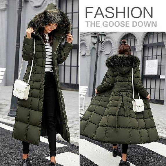 Brnmxoke Women's Maxi Puffer Jacket Heavyweight Insulated Thicken Warm Winter Coat Windproof Quilted Hooded Long Down Parka with Faux Fur Trim Hood Green,L