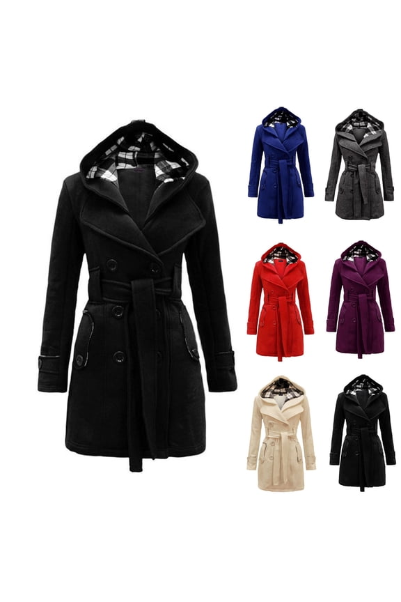 Women's Notch Lapel Double Breasted Pea Coat with Belt Long Wool Blend Trench Coat Thick Warm Jacket Overcoat Outwear Fall Winter Clothes Beige,XL