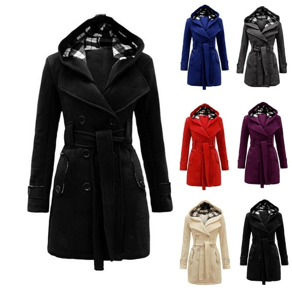 Brnmxoke Women's Notch Lapel Double Breasted Pea Coat with Belt Long Wool Blend Trench Coat Thick Warm Jacket Overcoat Outwear Fall Winter Clothes Black,XXL