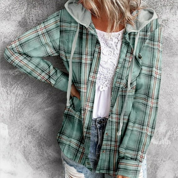 Brnmxoke Women's Plaid Button Front Long Sleeve Drawstring Hoodie Jacket,2023 Womens Shacket Jacket Plaid Hooded Shirt Jackets