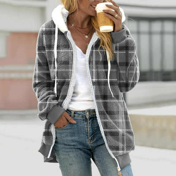 Brnmxoke Women's Plaid Hooded Shirt Coat Casual Drawstring Hoodies Open Front Fleece Long Sleeve Button Down Shacket Jacket