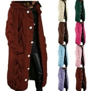 Brnmxoke Women's Plus Size Cable Knit Cardigan Sweaters 2024 Oversized Long Sleeve Open Front Long Cardigans Button Up Outerwear with Pockets Brown,S