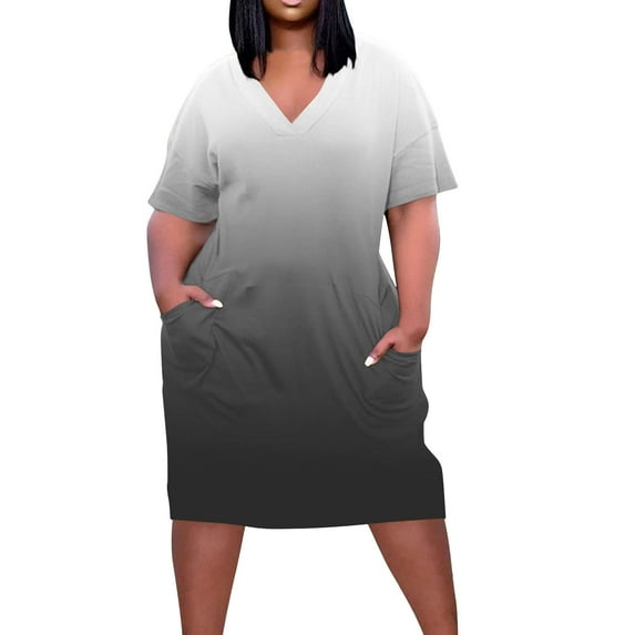Brnmxoke Women's Plus Size Casual Midi Dresses Tie Dye Print Short Sleeve T Shirt Dress Gradient Color Knee Length Dress with Pockets 2025 Multicolor,L