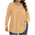 thumbnail image 1 of Brnmxoke Women's Plus Size Tops Fall Long Sleeve Ruffle Sleeve Shirt Loose Basic V Neck Pleated T Shirt Tunic Blouse Office Work Shirts Khaki,XXXXXL, 1 of 7