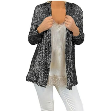 Brnmxoke Women's Sequin Cardigan Fall Open Front Cover Up Party Shiny Glitter Sparkle Jacket Casual Long Sleeve Lightweight Cardigans Evening Prom