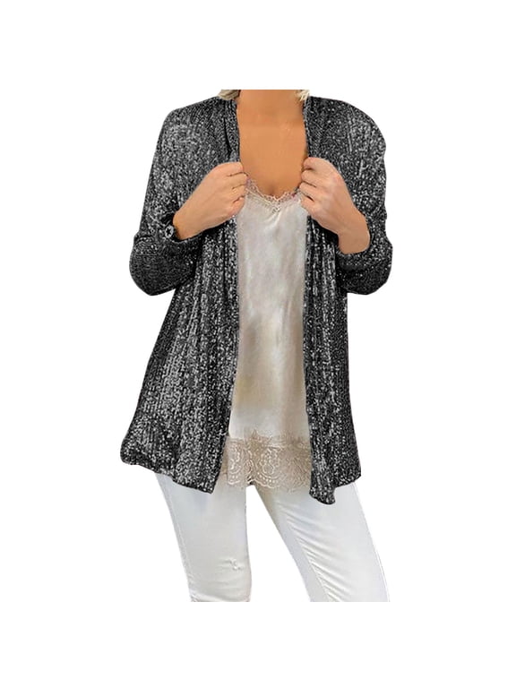 Women's Sequin Cardigan Fall Open Front Cover Up Party Shiny Glitter Sparkle Jacket Casual Long Sleeve Lightweight Cardigans Evening Prom