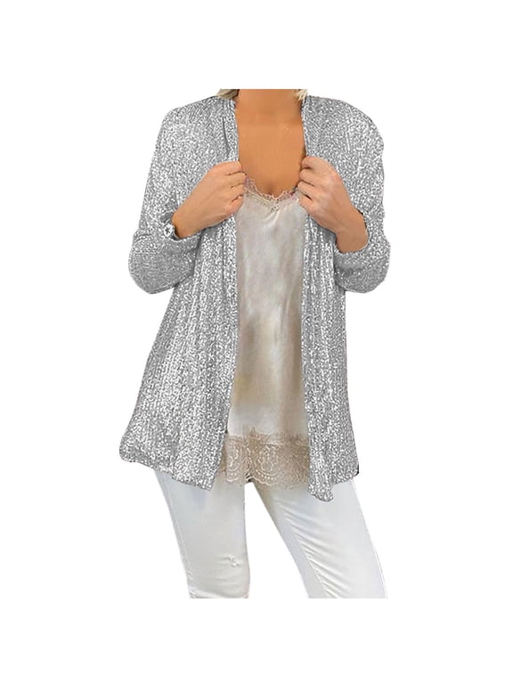 Women's Sequin Cardigan Fall Open Front Cover Up Party Shiny Glitter Sparkle Jacket Casual Long Sleeve Lightweight Cardigans Evening Prom