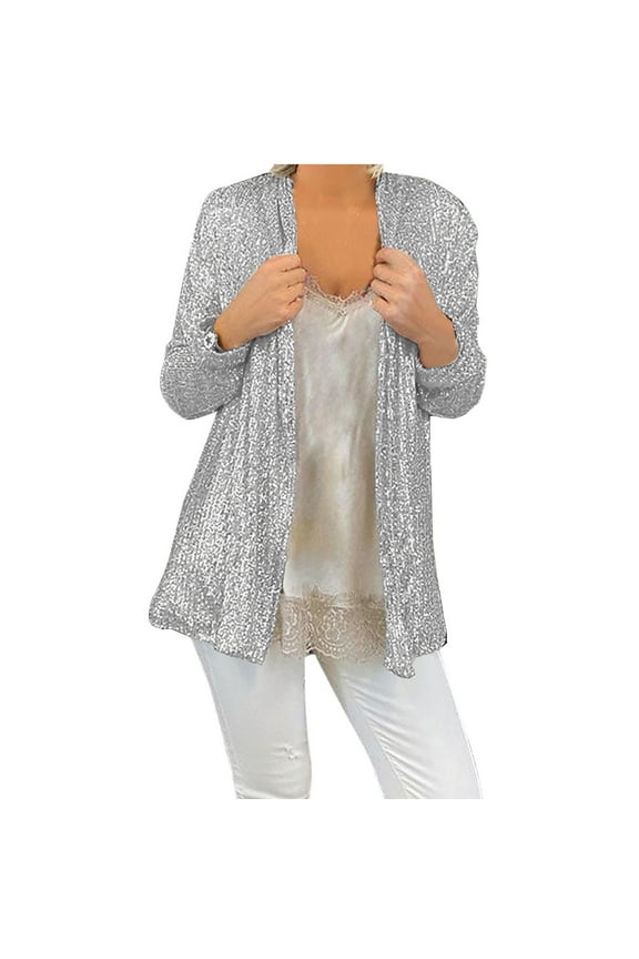 Women's Sequin Cardigan Fall Open Front Cover Up Party Shiny Glitter Sparkle Jacket Casual Long Sleeve Lightweight Cardigans Evening Prom