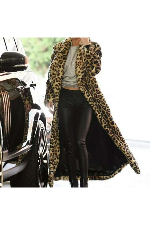 Women's Sexy Elegant Vintage Leopard Print Lapel Faux Fur Long Maxi Coat Jacket Fuzzy Fleece Open Front Cardigan Outwear