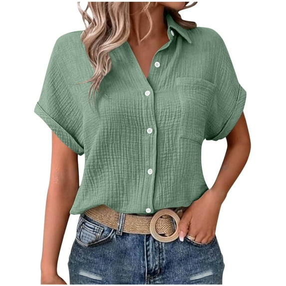 Brnmxoke Women's Shirts Button Down Casual Short Sleeve Summer Tees Textured Collared Summer Work Camping Blouse Green,XL