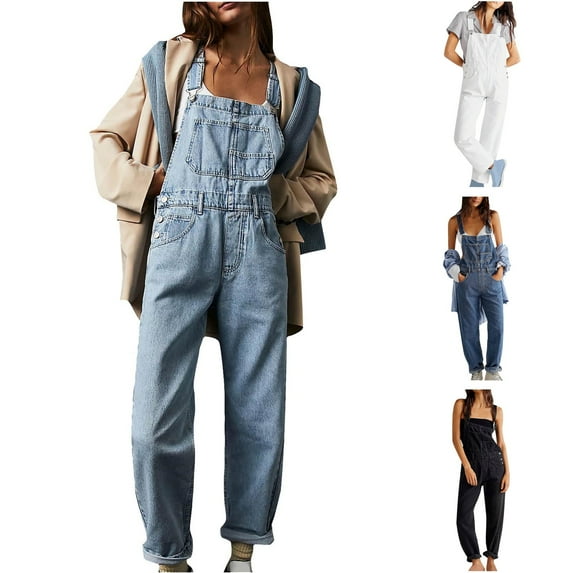 Brnmxoke Women's Stretch Denim Bib Overalls,Overalls for Women Loose Fit Vintage Casual Straight Leg Jean Pants Adjustable Strap Overall with Pockets Black,M
