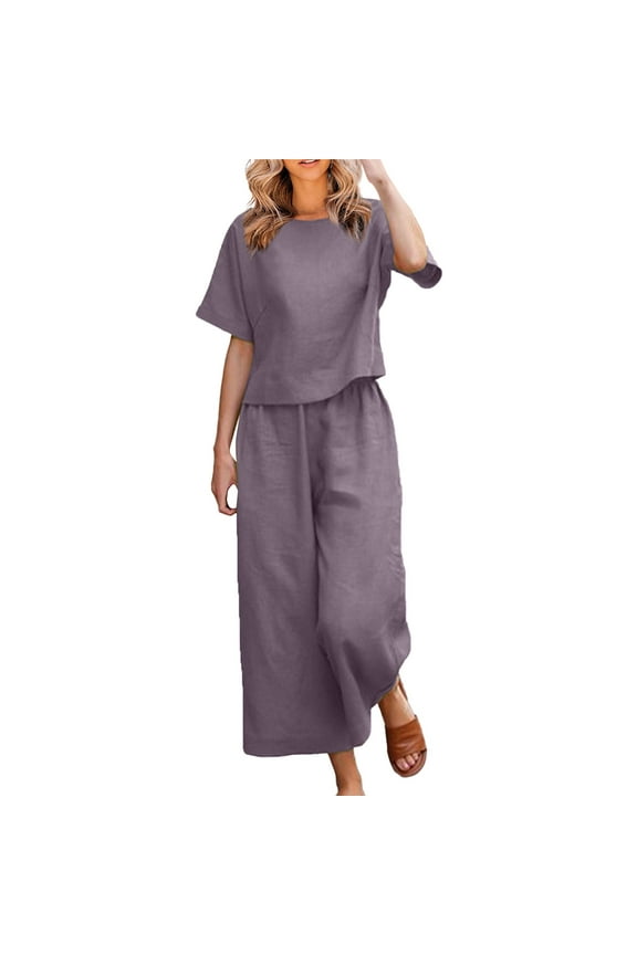 Women's Summer 2 Piece Outfits Linen Matching Sets Tracksuit Short Sleeve Pajama Sets Comfy Basic Top Wide Leg Pants Sets Linen Lounge Set Beach Travel Streetwear