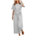 thumbnail image 1 of Brnmxoke Women's Summer 2 Piece Outfits Linen Matching Sets Tracksuit Short Sleeve Pajama Sets Comfy Basic Top Wide Leg Pants Sets Linen Lounge Set Beach Travel Streetwear, 1 of 6
