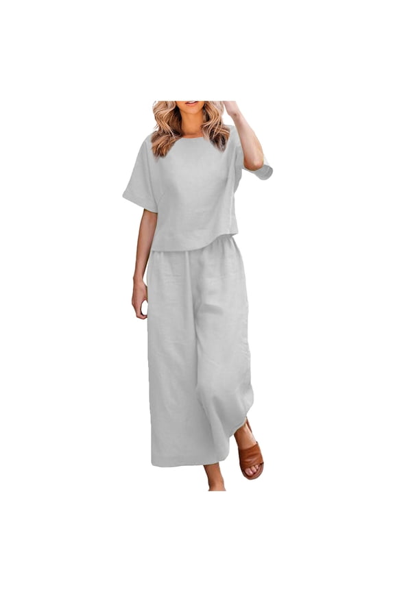 Women's Summer 2 Piece Outfits Linen Matching Sets Tracksuit Short Sleeve Pajama Sets Comfy Basic Top Wide Leg Pants Sets Linen Lounge Set Beach Travel Streetwear