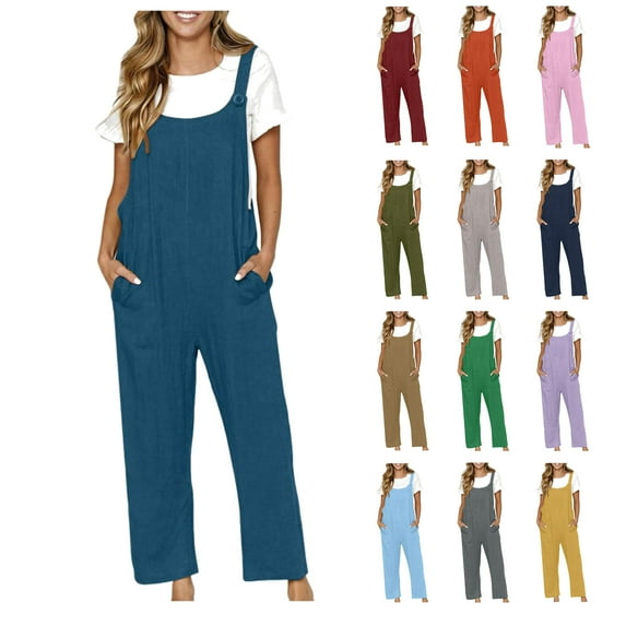 Brnmxoke Women's Summer Jumpsuits Dressy Casual One Piece Outfits Linen Plus Size Spaghetti Strap Pockets Wide Leg Rompers Pink,XL