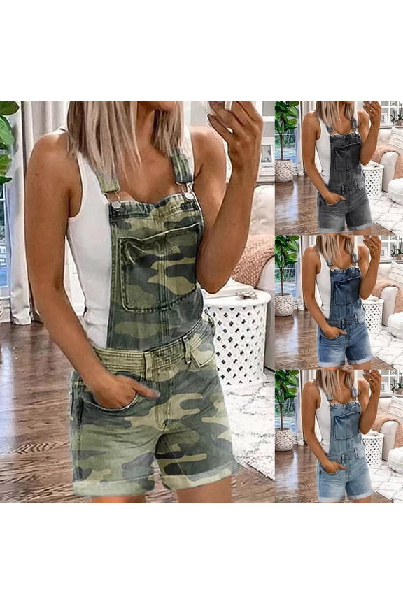 Women's Summer Short Overalls Adjustable Camo Denim Bib Overall Shorts Romper Jumpsuits Loose Beach Outfits Travel Vacation Clothes Gray,M