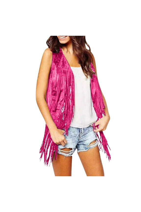 Women's Tassel Sleeveless Vest 70s Hippie Faux Suede Fringe Jacket Cardigans Open Front Crop Cardigan Outerwear Vests Hot Pink XL