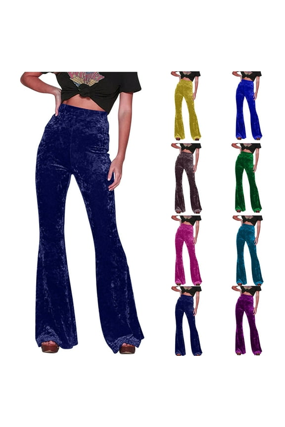 Women's Velvet High Waist Wide Leg Pants Long Palazzo Bell Bottom Velvet Flare Pants 70s Solid Skinny Yoga Pants Blue,L