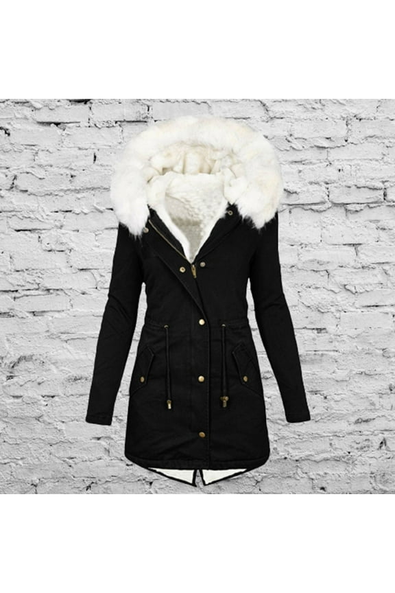 Women's Warm Winter Heavy Military Parka Jacket Coat Thicken Fleece Cotton Puffer Jacket with Fur Trimmed Hood