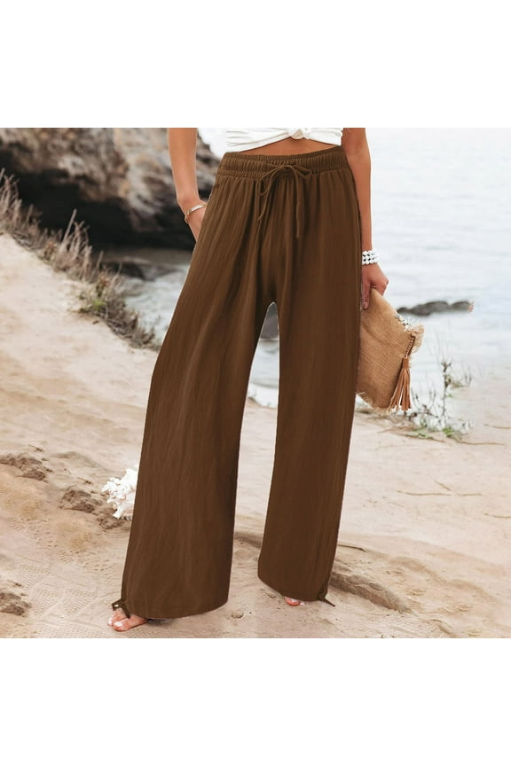 Women's Wide Leg Linen Pants with Pockets,Plus Size Linen Pants High Waist Wide Leg Loose Casual Trousers 2024 Summer Boho Drawstring Lounge Palazzo Pants