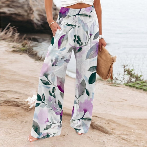 Brnmxoke Women's Wide Leg Pants with Pockets,Womens Pants High Waist Summer Boho Printed Loose Casual Trousers Cotton Linen Work Casual Palazzo Pants
