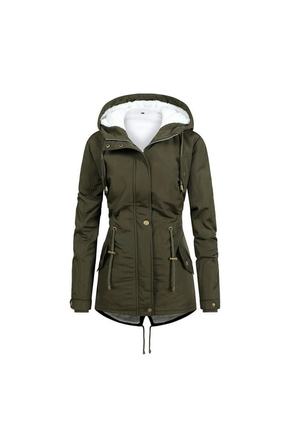 Women's Winter Mid Length Thermal Hooded Pea Coat Casual Windproof Thicken Warm Faux Lamb Wool Lined Jacket Coat