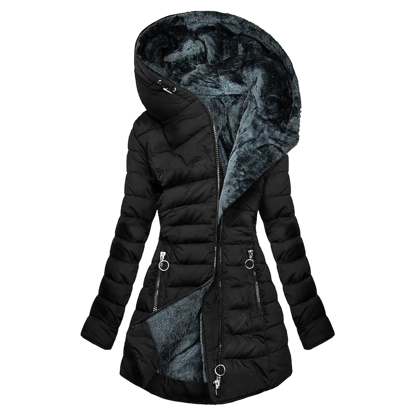 Brnmxoke Women's Winter Thicken Puffer Coat Warm Jacket with Faux Fur Hood 2023 Trendy Quilted Hooded Sherpa Fleece Lined Parka Jackets Full Zipper Long Puffer Coat Down Outwear