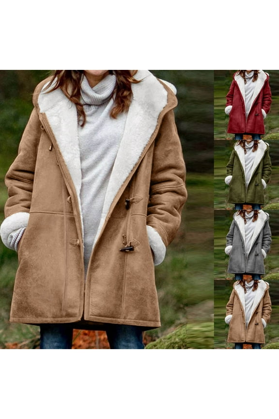 Women's Winter Warm Sherpa Lined Suede Leather Longline Coat with Horn Buttons,Oversized Sherpa Fleece Outerwear Overcoat for Women