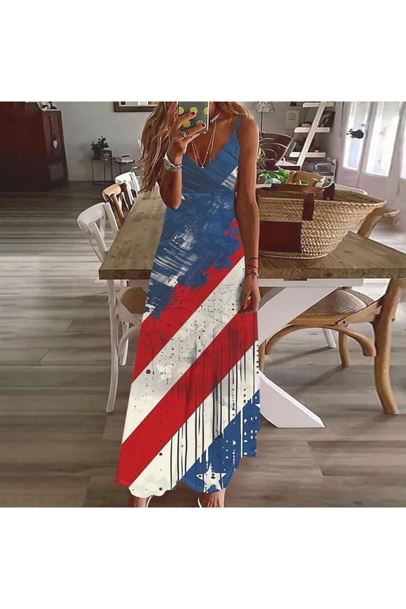 Womens 2025 Casual Sleeveless Sundress Plus Size Loose 4th of July Patriotic Long Summer Beach Maxi Dress American Flag Star Striped Dresses Multicolor,L