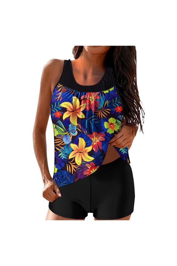 Woman Tankini Swimsuit with Shorts Summer Two Piece Bathing Suits Swim Tank Top with Graphic Boho Swimwear Outfits Multicolor,XL