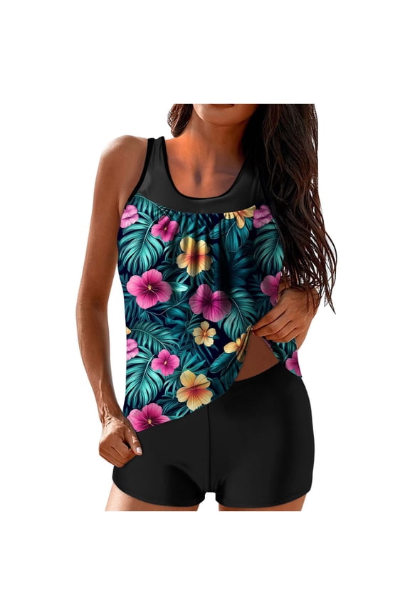 Womens 2025 Tankini Swimsuits Tummy Control Flowy Swimwear Two Piece Bathing Suits Swim Top with Boyshorts Green,M