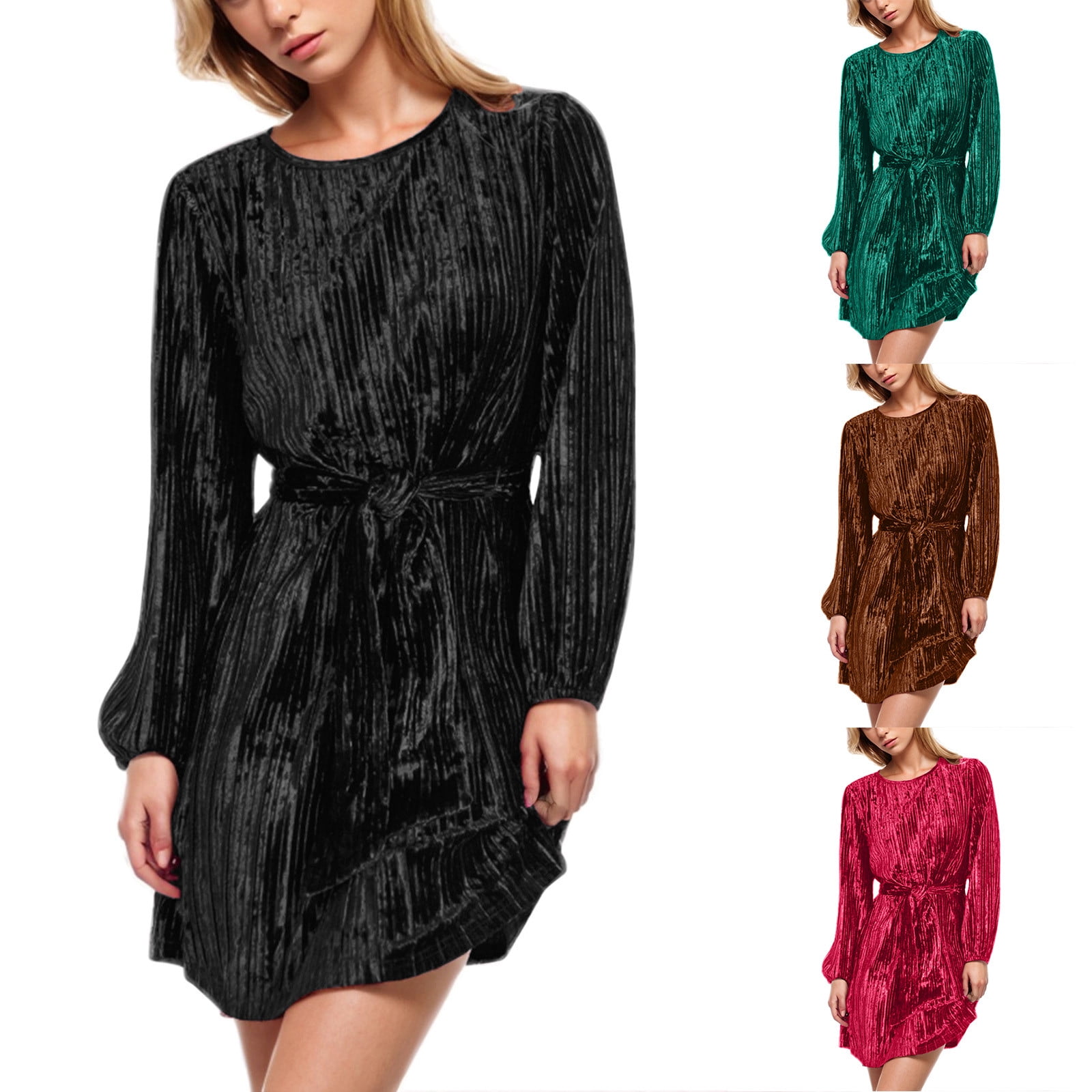 Brnmxoke Womens 2025 Velvet Dress Elastic Belted Waistline Long Sleeve