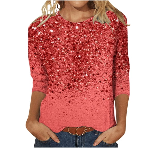 Brnmxoke Womens 3/4 Sleeve Tops Casual Crew Neck T-Shirt Sequin Sparkly Glitter Print Tops Trendy Party Blouse Petite Shirts 2025 Red,XXL