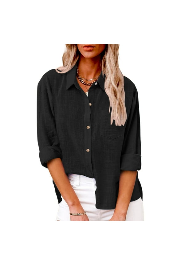 Womens Button Down Shirts Cotton Linen Dress Shirts,Women's Long Sleeve Oversized Boyfriend Blouses Collared Solid Casual Tunic Tops with Pockets