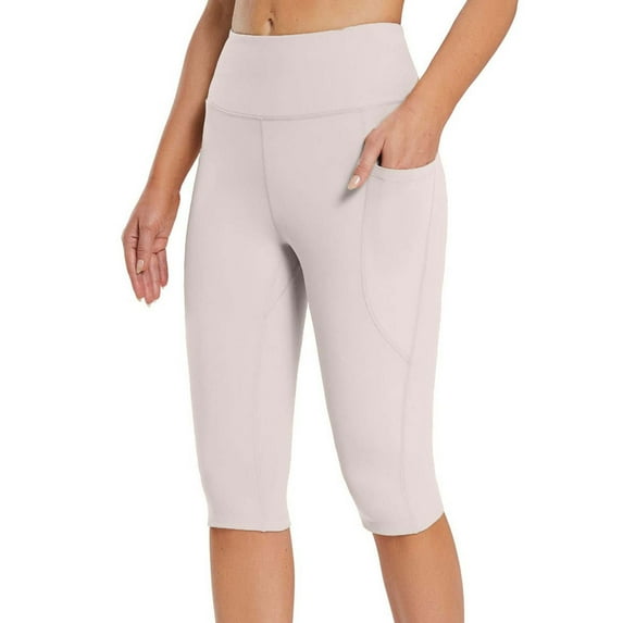 Brnmxoke Womens Capri Yoga Leggings with Pocket Knee Length High Waisted Stretch Tummy Control Yoga Pants Workout Biker Shorts Khaki,XXXL