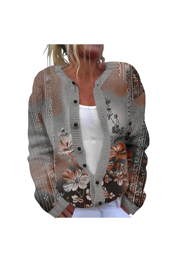 Womens Cardigan Sweaters Fair Isle Knit Casual Long Sleeve Sweater Plus Size Fall Winter Floral Printed Cardigans Open Front Button Down Coats Multicolor,M
