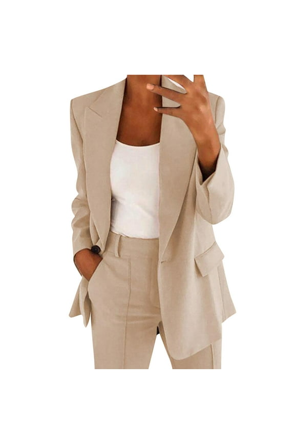 Womens Casual Blazers Jackets Business Long Sleeve Open Front Work Office Blazers Notch V Neck Button Suit Jackets Beige,XXXXL